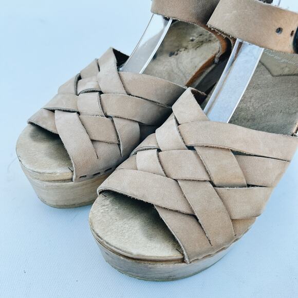 No. 6 Woven Leather Wooden Clogs Heels Sandal Beige 7 Tan Natural 37 Ankle Strap - Picture 9 of 14